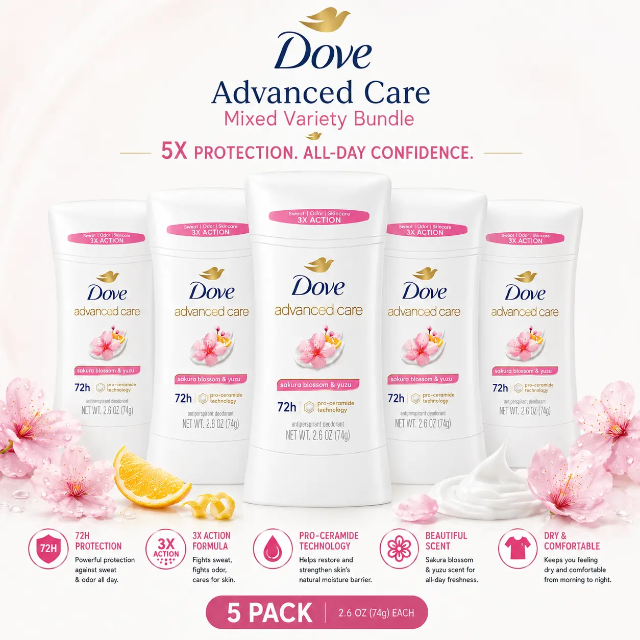 Dove Advanced Care Deodorant Stick Sakura Blossom & Yuzu 2.6oz | Antiperspirant 72H Sweat Odor Protection Pro-Ceramide Skincare Women