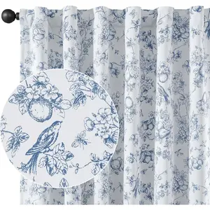 Blue Blackout Curtains for Bedroom 84 Inch Length, Country Flower Floral Curtains for Living Room Toile Cottagecore Thermal Insulated Window Drapes, 2 Panels Blue and White