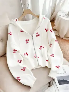 Oversized Cherry Print Zip-Up Hoodies for Women | Soft Fleece Long Sleeve Casual Hooded Sweatshirts | Loose Fit Daily Streetwear | Single Piece | White & Red Cherry Pattern Style | Graphic Hoodies | Casual Hoodie Jacket