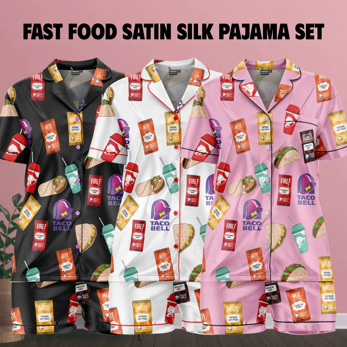 Funny Fast Food Satin Silk Pajama Set - Soft Short Sleeve Sleepwear for Women Cute Summer Loungewear Gift for Her Comfortable Cozy Sleepwear Ideal for Relaxing at Home