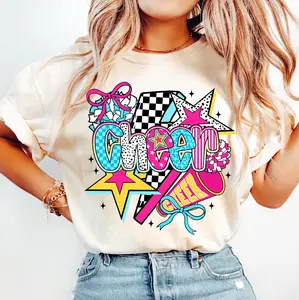 Cheer T-Shirt, Preppy Cheer Mom Shirt , Cheerleader Coquette T-Shirt, Colorful Checker Bow Pom Pom T-Shirt, Cheer Season Tee, Team Spirit Tee