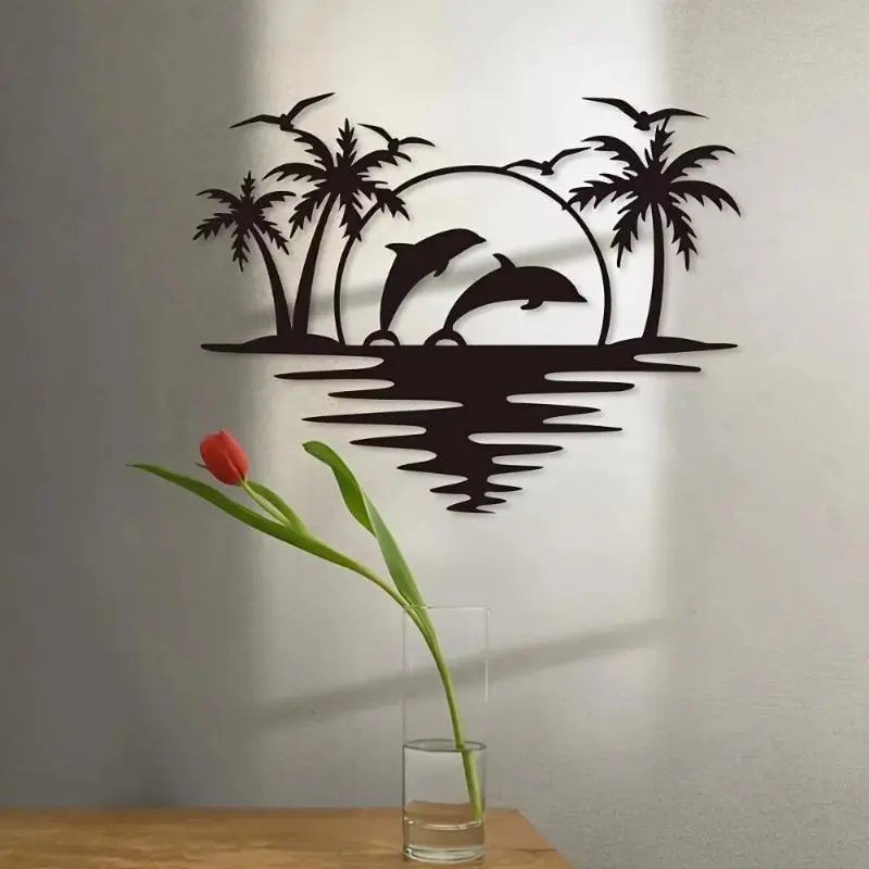 Tropical Dolphin & Palm Tree Pattern Wall Art, Iron Wall Decor, Artistic Wall Art for Home Living Room Bedroom Garden Decoration, Vintage Wall Art, Decorative Artwork