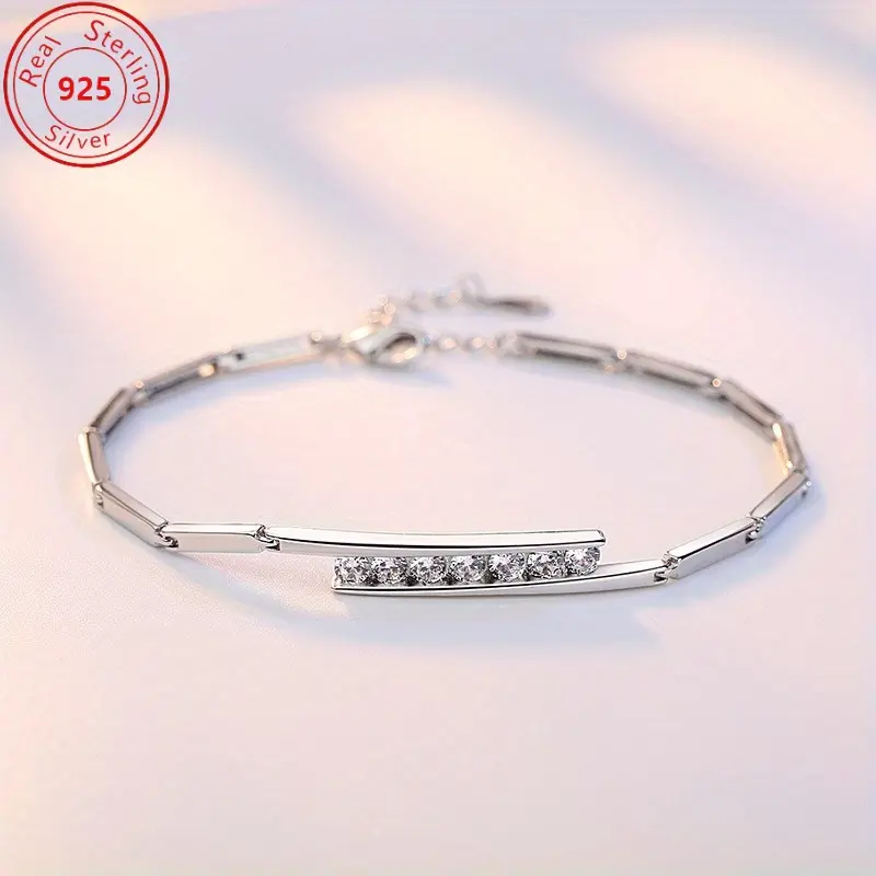 Minimalist 925 Silver Bangles with Mixed Color Sparkle Zircons, Hypoallergenic Chain Bracelet for daily wear women, Female