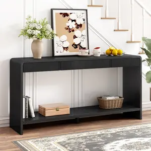 3-Drawer Modern Wood Veneer Console Table - Vertical Slats, Round Edge Design, Fortified Base, Smooth Glides, Ideal for Entryway, Hallway, Three Drawers