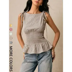 Women's plaid waist top, boat neck waist tie, pleated hem, shoulder tie vest, cute summer commuting, daily stretchRAIMENTRY