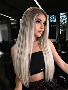 28" Straight Vanilla Almond Blonde Lace Front Beginner Friendly Wig 13x4 HD Lace Synthetic Hair Dark Roots Pre-Plucked Natural Hairline Heat Resistant Free Part Daily Glam & Party