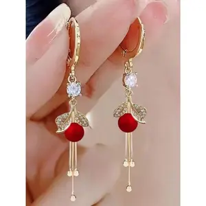 1Pair Luxurious Red New Style Long Tassel Pearl Leaf Dangle Earrings, Elegant Jewelry Accessories