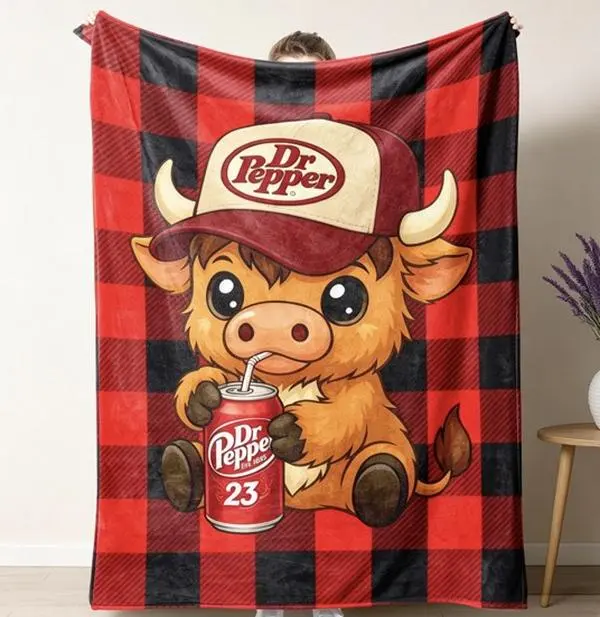 Highland Cow Wear a Hat Cute Pattern Dr Pepper  Blanket,Red and Back Checkered Blanket 1 Count Soft Warming Bedding Blanket Comfy Lightweight Bedding,warm decorative fuzzy blanket ultra-soft flannel cozy home
