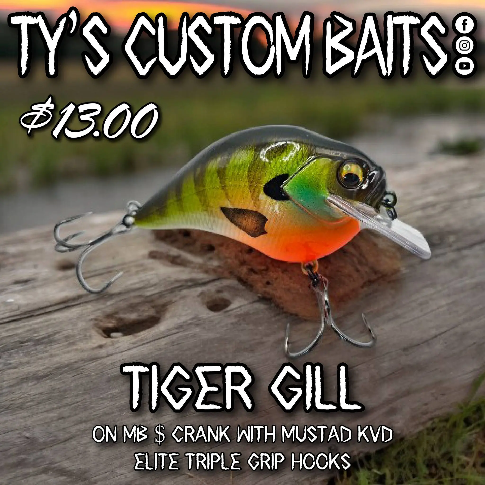 Tys Custom Baits Tiger Gill on MB $ Crank with Mustad KVD Elite Triple Grip Hooks