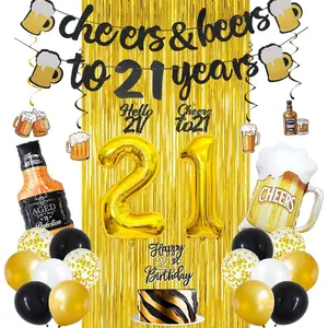 Theme 21st Birthday Decoration Kit, Black  21st Birthday Glitter Banner, Balloons for Cheers and Beers to 21 Year Old Birthday Party
