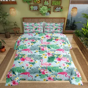 Pink Flamingo Kids Comforter Set,Palm Leaves Flowers Rustic Bedding Set,Boys Girls Adults Room Decor,Tropical Plants Animals Dots Down Comforter,Blue Dreamy Duvet Insert