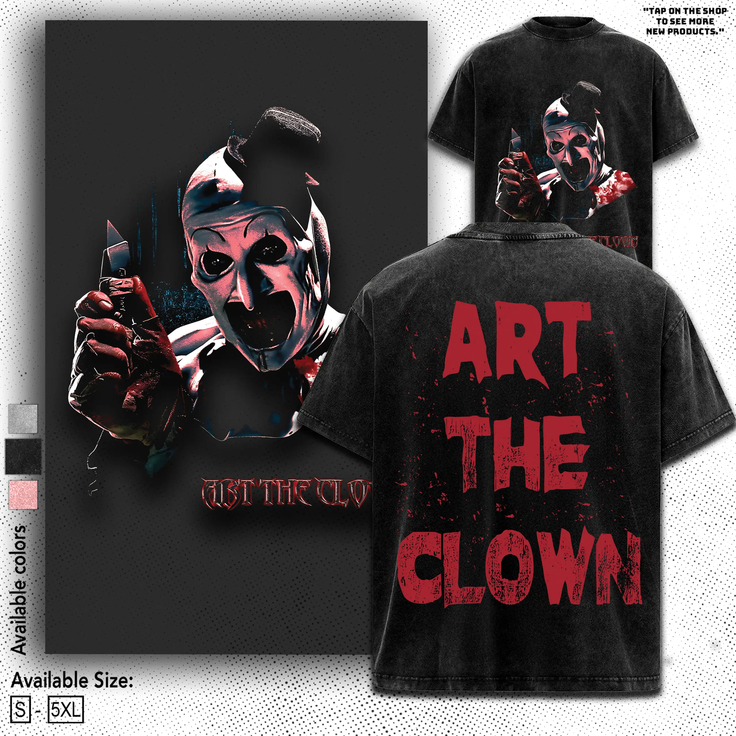 Horror Art The Clown - Terrifier Premium Acid Cotton T-Shirt, Art the Clown Costume, Halloween Costume, Terrifier Outfit, Halloween Horror Fabric Menswear