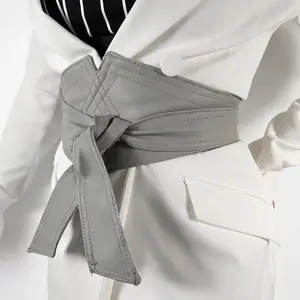 Grey Leather Wide Obi Belt
