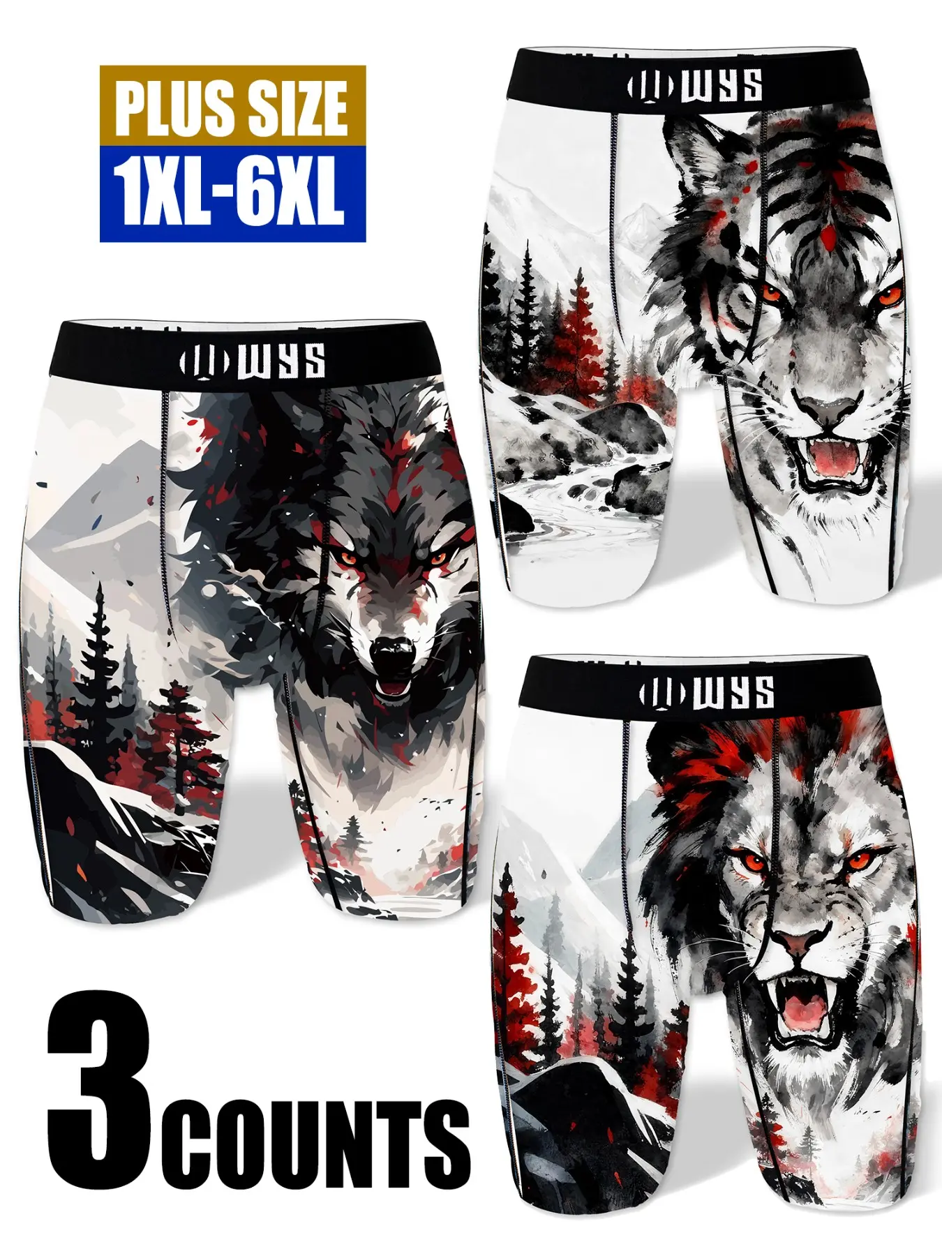 3-Pack Plus Size Men's Long Briefs 1xl-6xl, Breathable Sport Underwear, All Season Briefs, Animal Print, Moisture-Wicking, Anti-Chafing, Quick-Dry, Comfortable, Elastic, Stretchable, Stretchy Sports Boxer Briefs