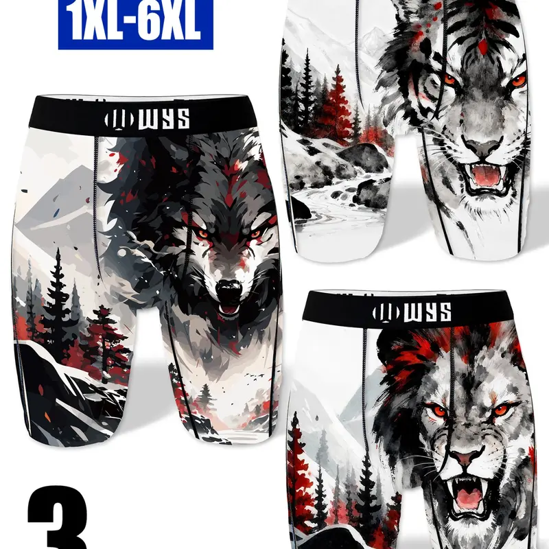 3-Pack Plus Size Men's Long Briefs 1xl-6xl, Breathable Sport Underwear, Stretchy Design Underwear, Animal Print, Moisture-Wicking, Anti-Chafing, Quick-Dry, Comfortable, Elastic, Stretchable, Stretchy Sports Boxer Briefs