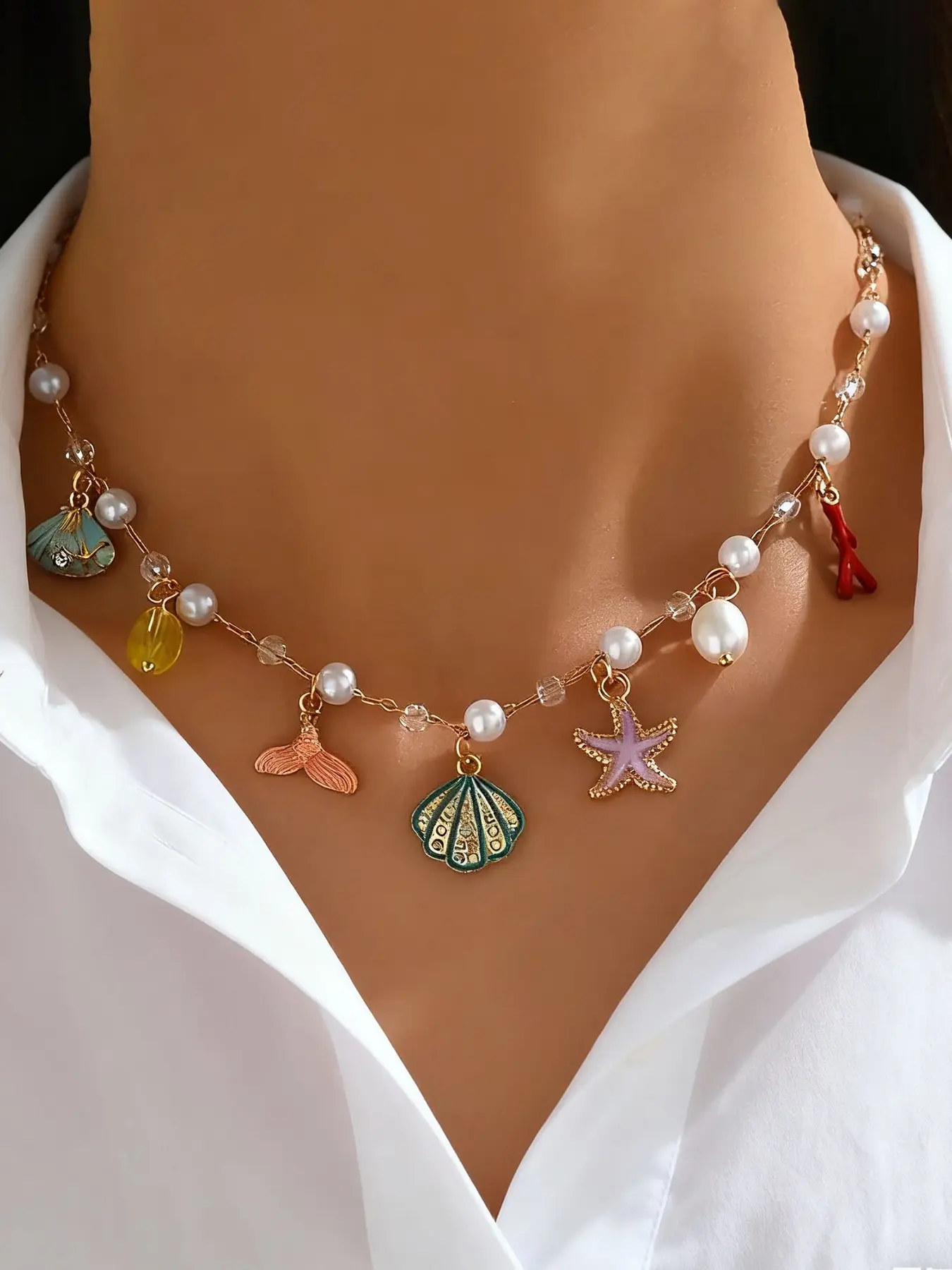 Ocean Wind Shell Starfish Fish Tail Pendant Necklace, Dainty Boho Necklace, Luxurious High-End Versatile Faux Pearl Choker, Elegant Jewelry for Women, Versatile Accessory, Casual Trendy Jewelry, Dainty Necklaces