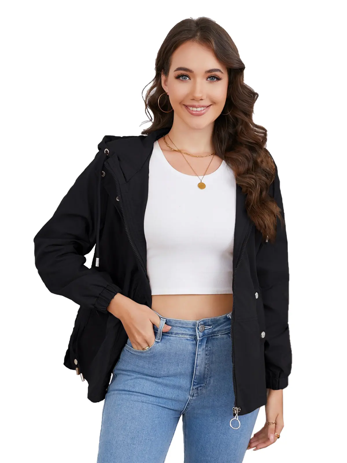 Women's fashion solid color spring and autumn casual windbreaker, loose hooded jacket, waterproof hooded windbreaker, packable hiking outdoor jacket, long-sleeved windbreaker, outdoor raincoat, lightweight hooded jacket, windproof jacket