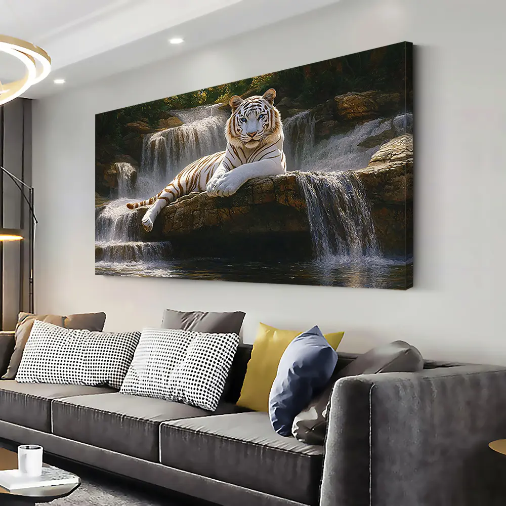 "Waterfall and Tiger" Landscape Artistic Framed Pine Wood Canvas Wall Art - Modern Abstract Home Supplies, Multi-Size Indoor Decor, 16x32x0.6in(40x80x1.5cm) for Living Room, Office (Check Size Carefully), 16X32x0.6inch(40X80x1.5cm)