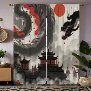 2pcs Asian Dragon Curtains - Chinese Architecture Window Drapes with Red Sun & Pagoda Designs in Black, Gray, Red - Semi-Sheer Polyester Window Treatments for Living Room, Bedroom