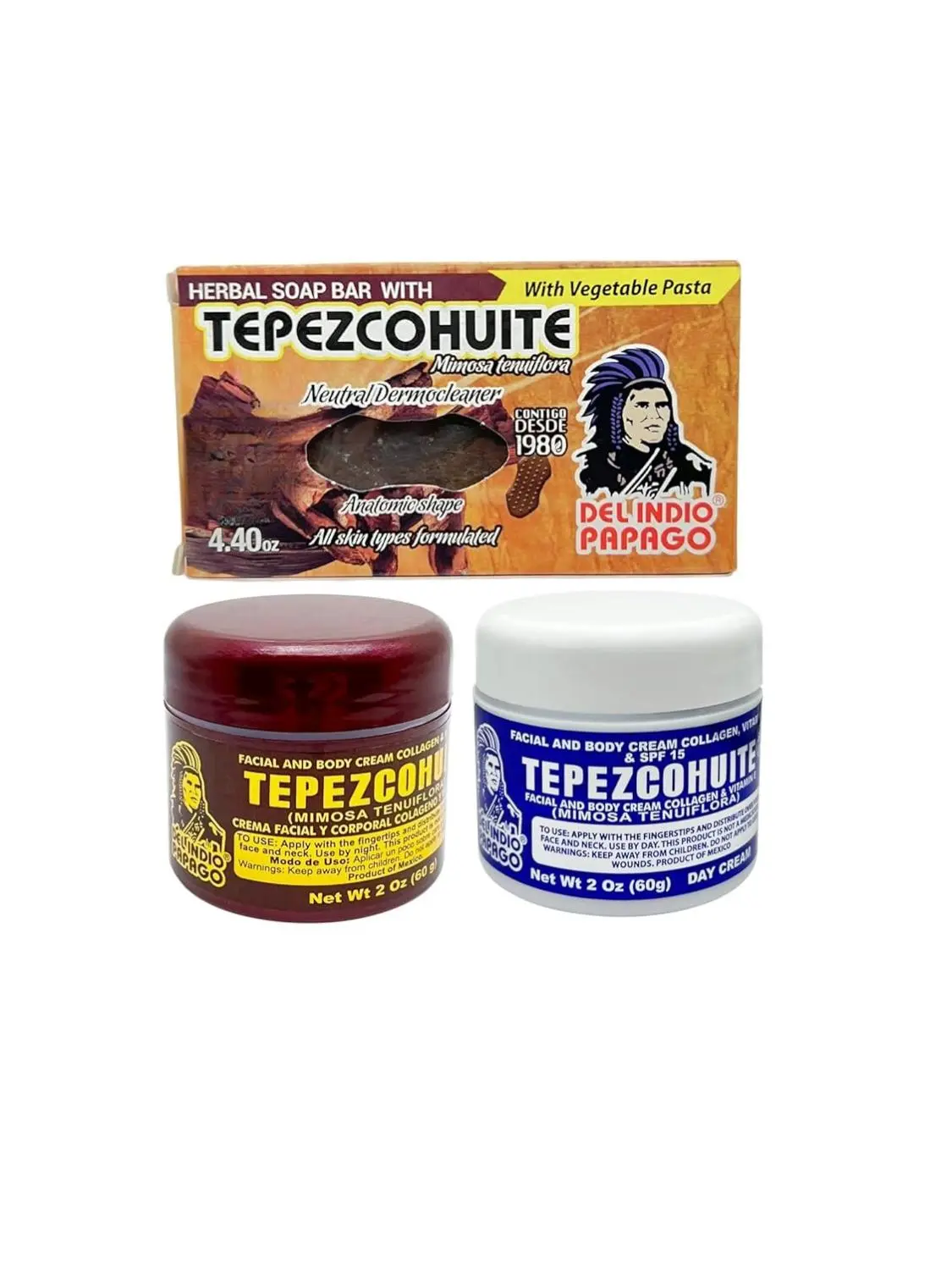 Del Indio Papago Anti Aging Combo Pack with Night Cream 2 oz, Day Cream 2 oz, and Tepezcohuite Natural Bar Soap - Skin Care Solution for All Types of Skin, Skin Care Products, Moisturizing Kit