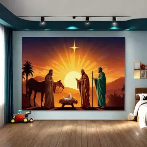 1pc Christmas party banner, made of polyester material, with a background image of the Nativity of Jesus, suitable for indoor and outdoor decoration, festival decoration, Christmas party decoration, and photography background decoration