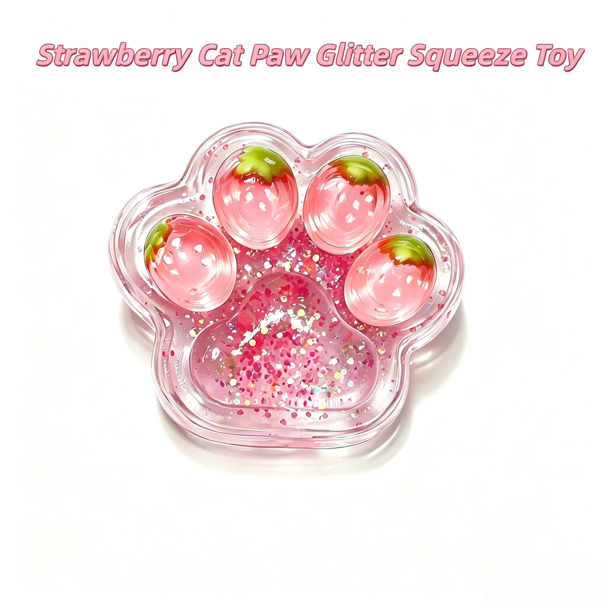 Strawberry Cat Paw Glitter Squeeze Toy, Glittery Squishies, Sensory Fidget Squishies, TPR Soft Gel Sensory Stress Relief Toy, Anxiety Relief, Adult Kids Gift, High Aesthetic Value