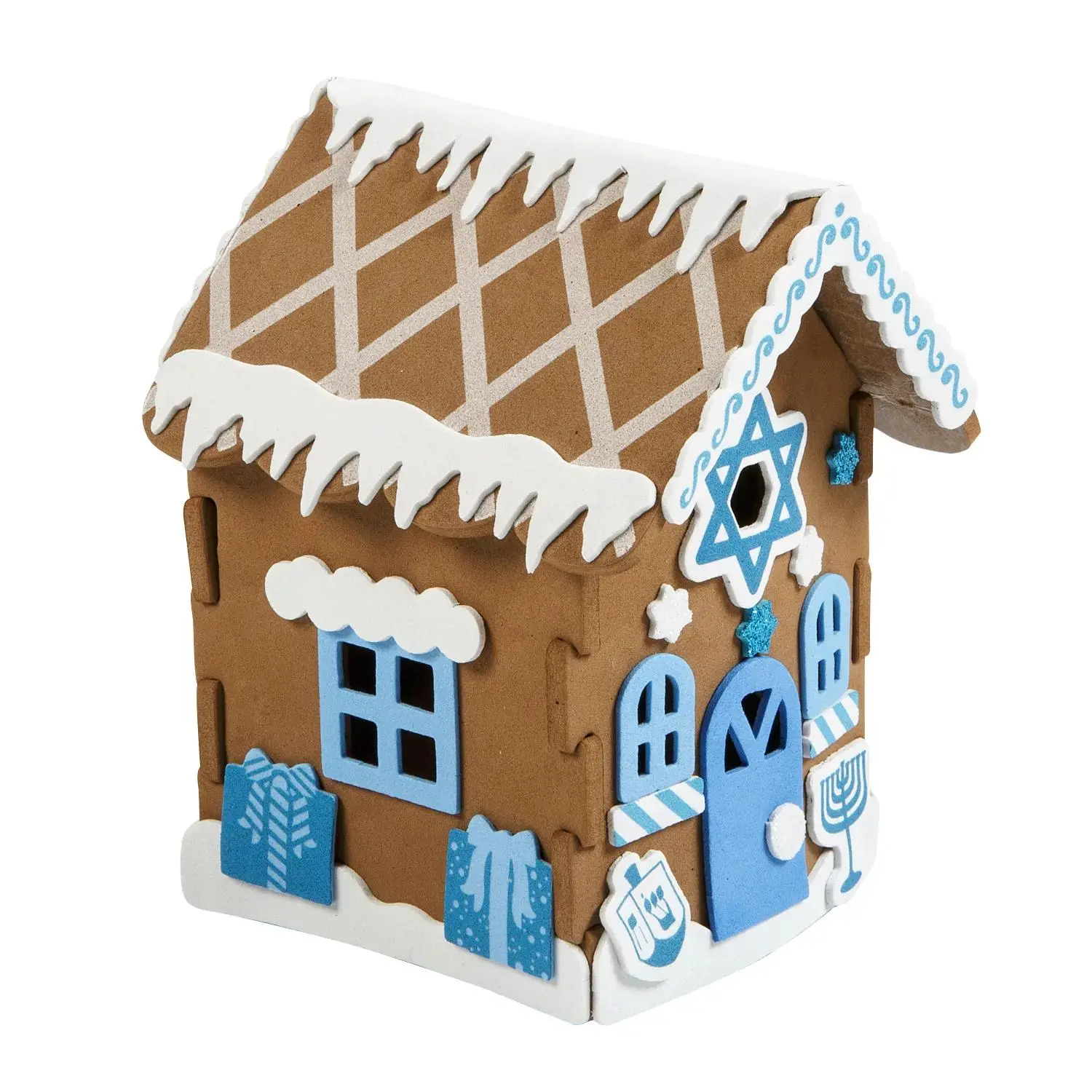 3.75" x 5.75" Easy Festive Fun Kids-Friendly 3D Traditional Hanukkah Gingerbread House Foam Craft Kit with Dreidels, Star of David - Makes 12 for Celebrations