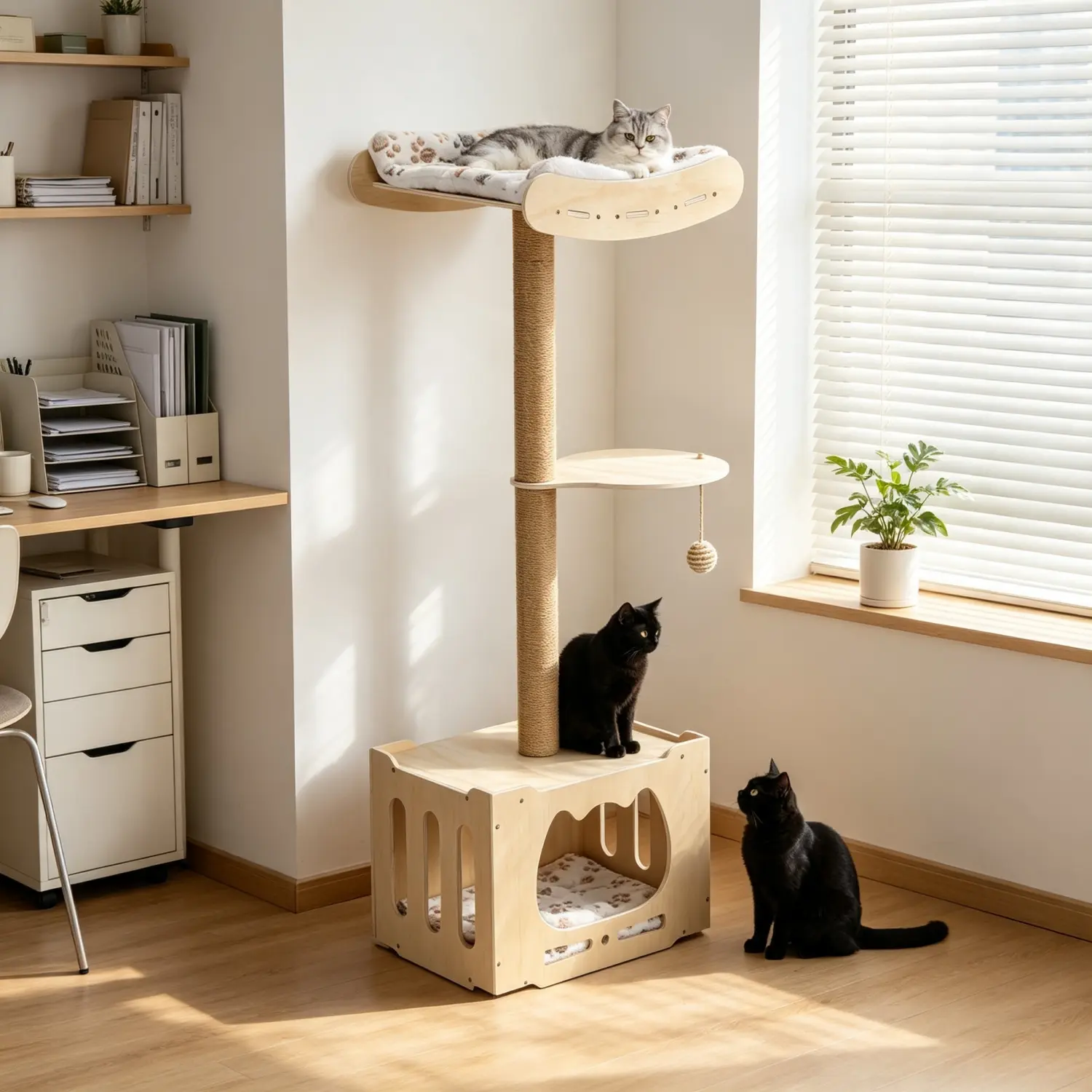 Indoor Modern Wood Cat Window Perch - 3-Tier Pet Tree Tower with Lean-Against-Wall Design, Soft Washable Pad, Scratching Post, Hideout, Hanging Toy Ball for Cats’ Play & Rest