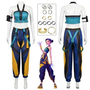 Anime Cosplay Costume Suit for KPop Demon Zoey Blue Top & Yellow Pants with Unique Prints for Women Halloween Carnival Party Roleplay Accessories Outfit Womenswear Black Clothes Love Uniform