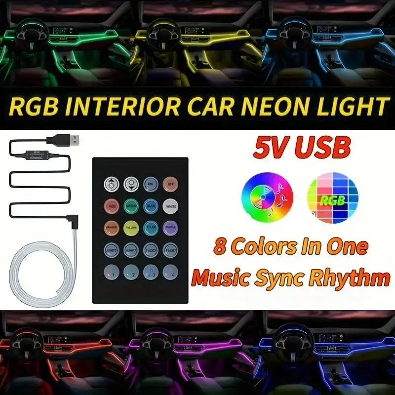USB Powered Music Sync RGB Neon Car Interior Accent Lights with 8 Color Fiber Optic LED Strips - Non-Rechargeable Button Battery