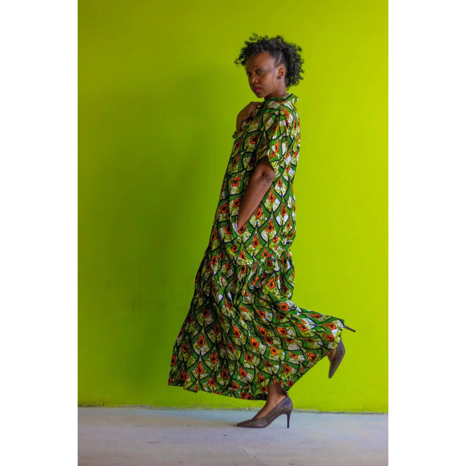 African Print /Ankara/Kitenge Maxi Dress - Lime Green /Orange/Black Tribal Print Short Sleeved Button Down Long Shirt Dress