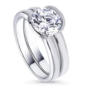 BERRICLE Sterling Silver Solitaire Wedding Engagement Rings Stackable Band for Women, 2 Carat Half Bezel Set Round Cut Cubic Zirconia CZ Ring Set