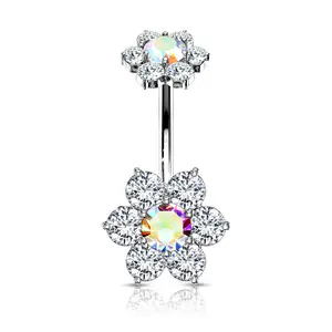 Double 7 CZ Internally Threaded Iridescent Flower Belly Button Ring