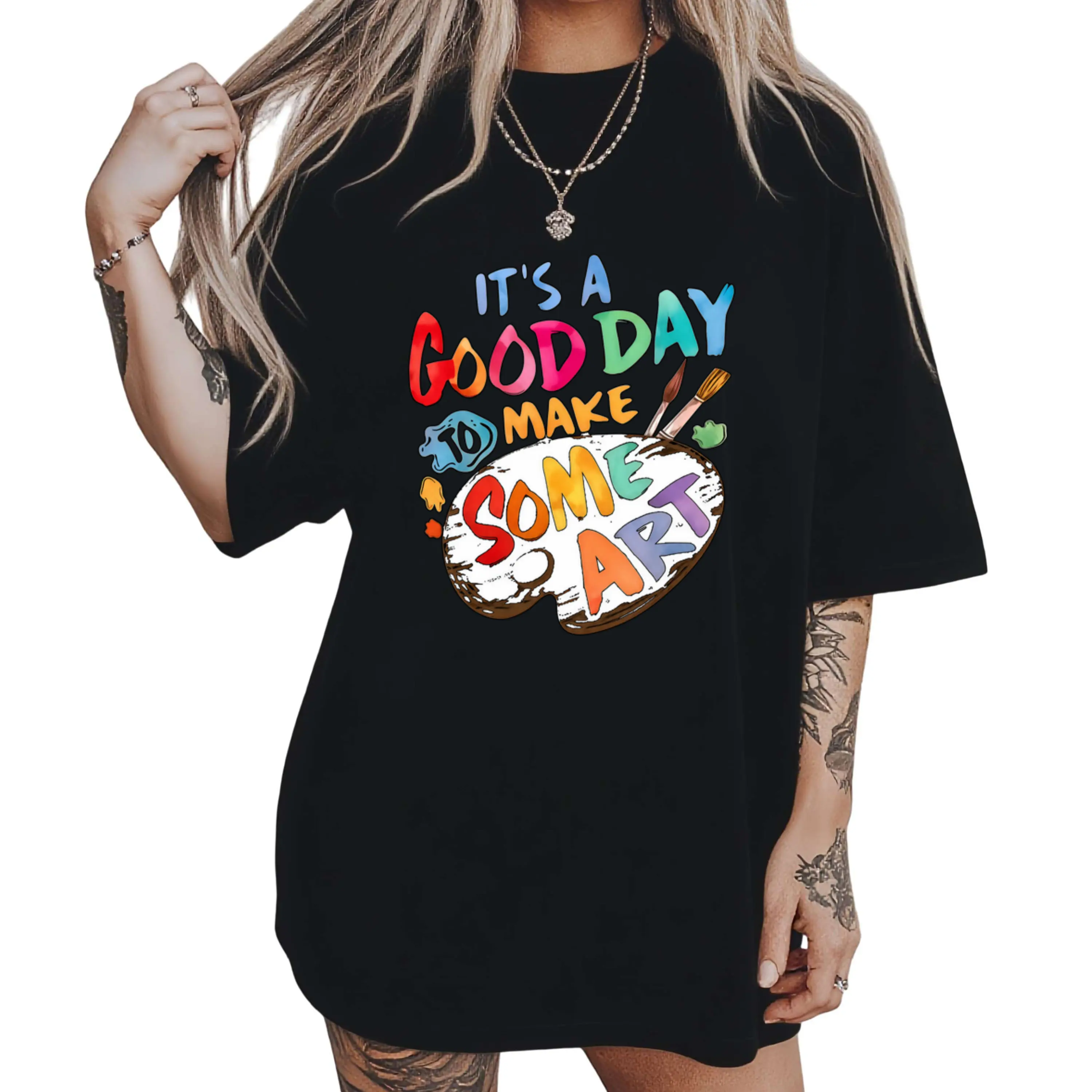 Womens Retro ItS a Good Day to Make Some Art Graphic TShirt Artistic Design with Paint Palette Brushes Round Neck Casual Tee for Artists Teachers Creative Gifts AllSeason Comfori01Crew Neck Short Sleeved Top Suitable for All Seasons Casual