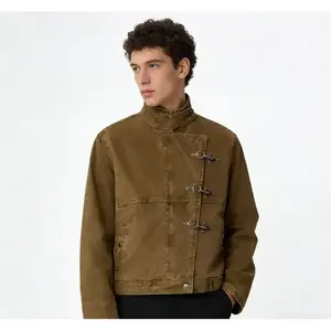 (2026 Fashion Trends) Metal Button Boxy Jacket Black Long Sleeve Stand Collar Slant Placket Unisex Fashion Street Jacket windbreaker