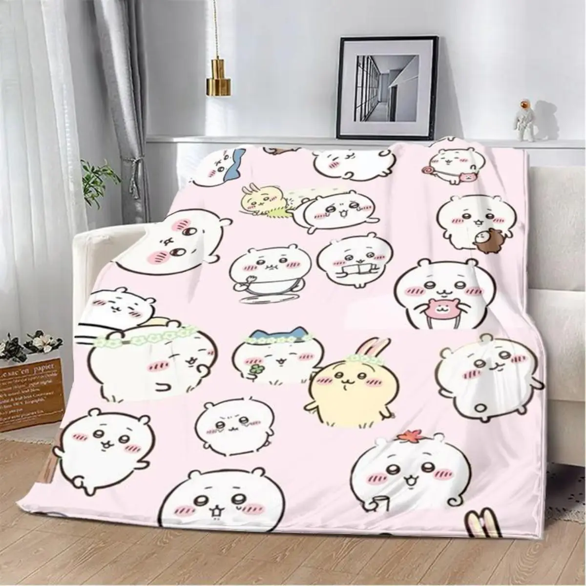 Chiikawa All Character All Over Print Pink Base Flannel Blanket Soft Warm Throw Plush Blanket Cute Kawaii Hachiware Usagi Anime Bedroom Couch Nap Blanket Giftable Chiikawa Fans Cartoon Blanket For Room Party Day Gift Popular Home Blanket