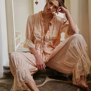 Women Y2k Vintage Lace Lantern Pants Sets 2 Piece Lacey Babydoll Tank Top Long Bloomers Cropped Pants Suit Outfits Matching Sets