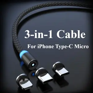 High-Quality 3-In-1 Magnetic Nylon Braided LED 1m Data Cable, Fast Charging Wire for iPhone, iPad, Samsung, Huawei, Xiaomi, Android, USB-C, Type-C