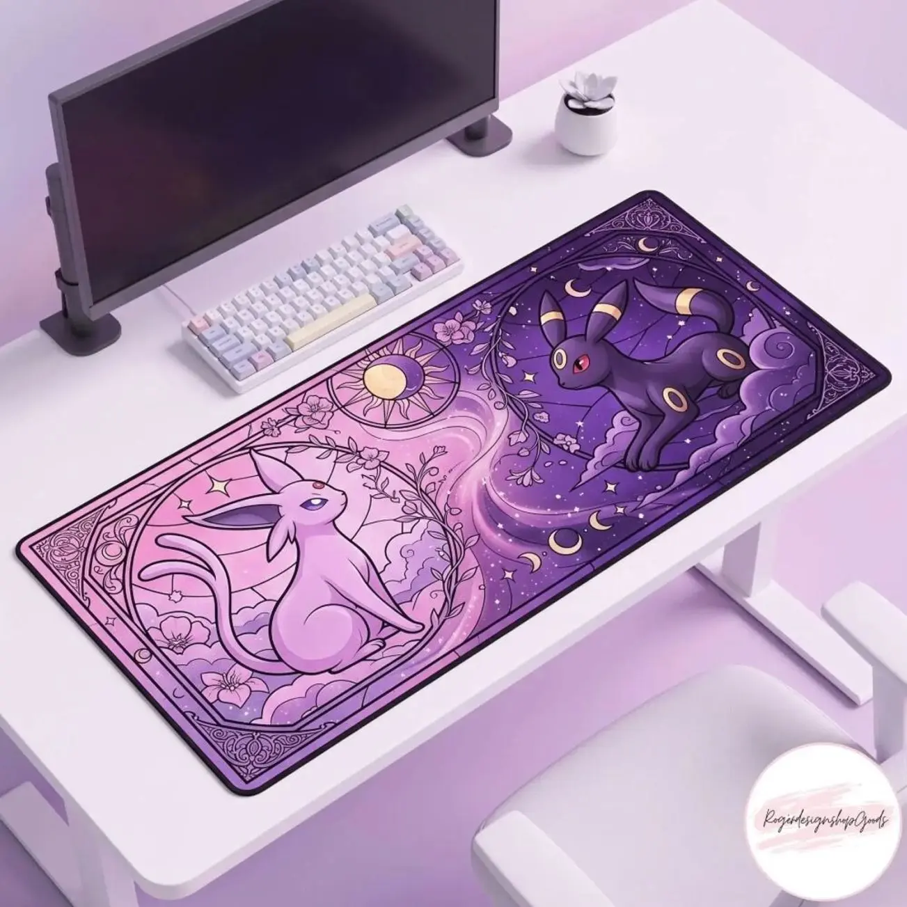 Espeon Umbreon Desk Mat, Stained Glass Anime Gaming Mouse Pad Extended, Sun Moon Desk Pad Large, Purple Desk Accessories, Gamer Gift