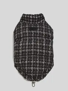 Apparis Pluto Black Plaid Dog Puffer Coat - Luxury Design with Fleece-Lined Interior, Slit for Leash, Velcro Closure on Underside, Classic Tweed Style