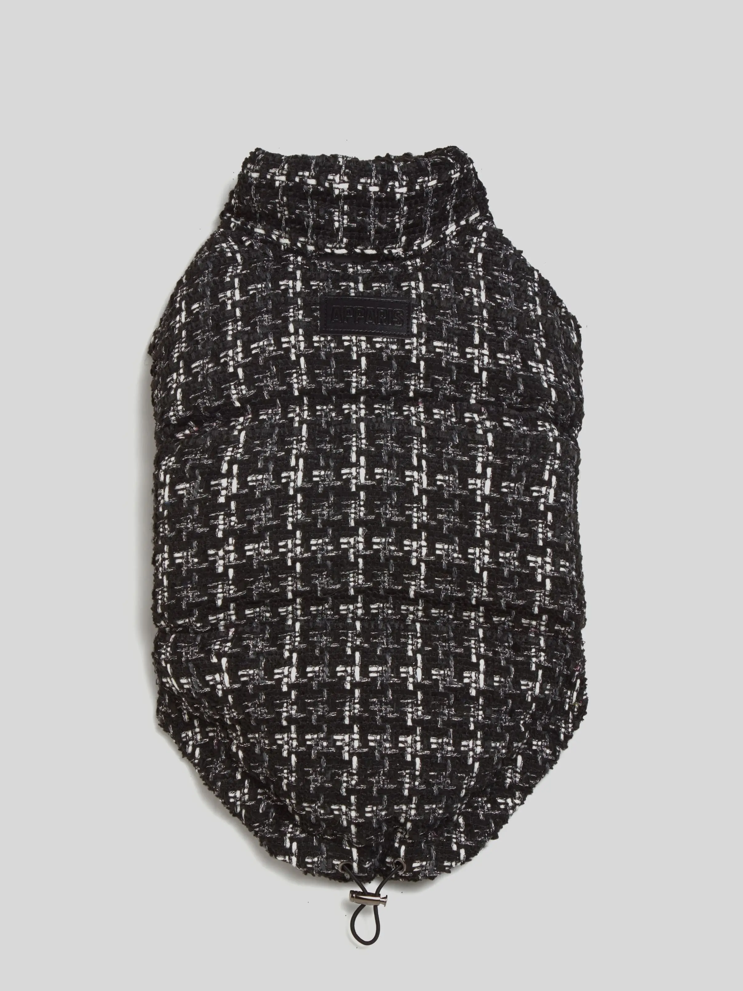 Apparis Pluto Black Plaid Dog Puffer Coat - Luxury Design with Fleece-Lined Interior, Slit for Leash, Velcro Closure on Underside, Classic Tweed Style