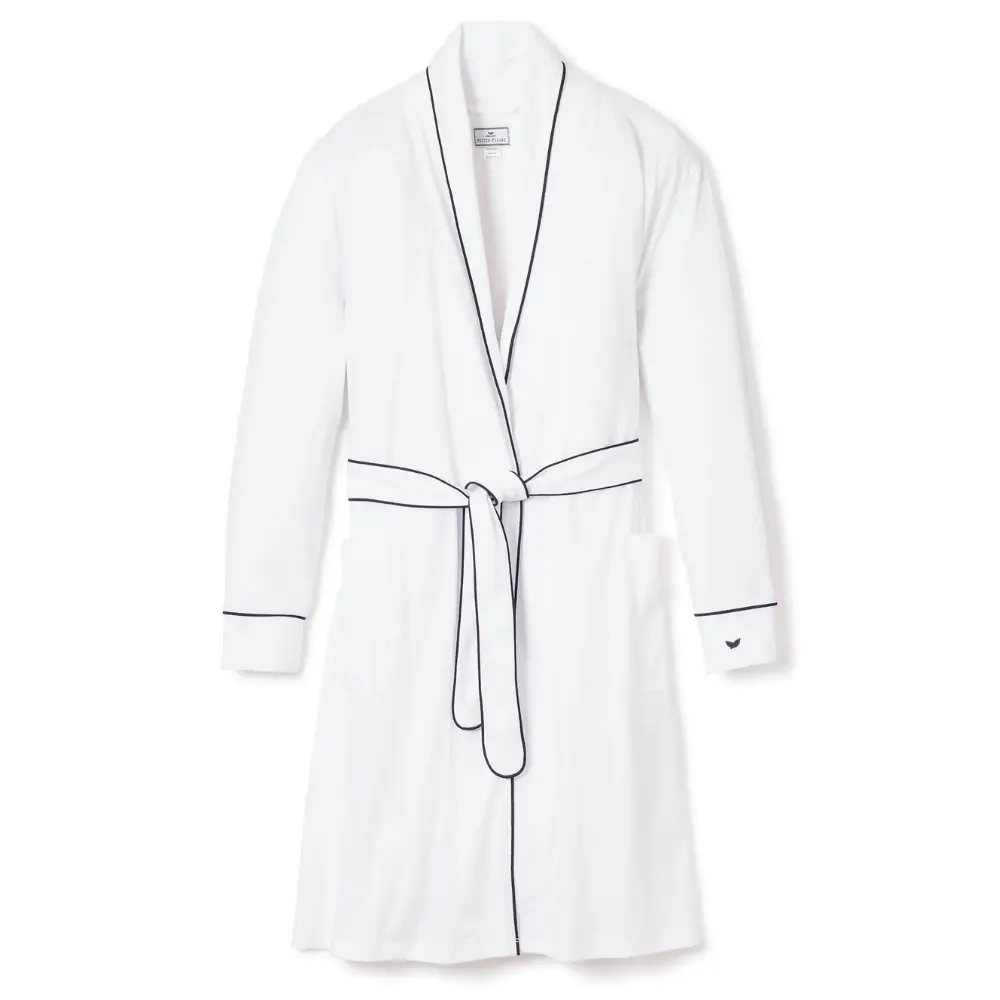 Women's Pima Robe, White  with Navy Piping