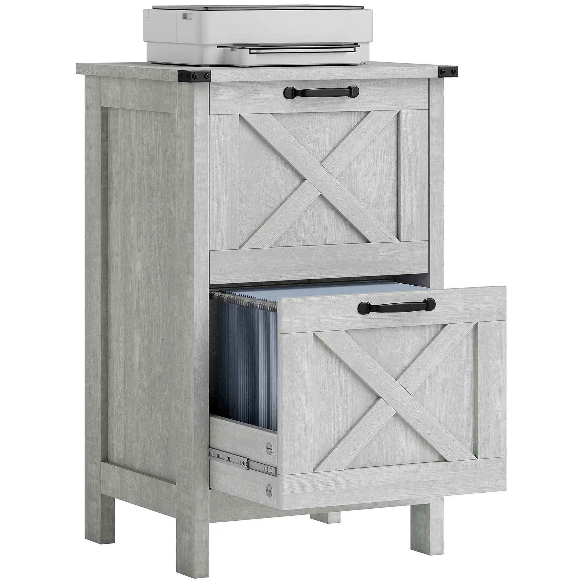 HOMCOM 2 Drawer Vertical File Cabinet with Silent Slides, Rustic Farmhouse Filing Cabinet with Barn Doors for A4/Letter Size, Printer Stand with Storage for Home Office, Distressed Light Gray