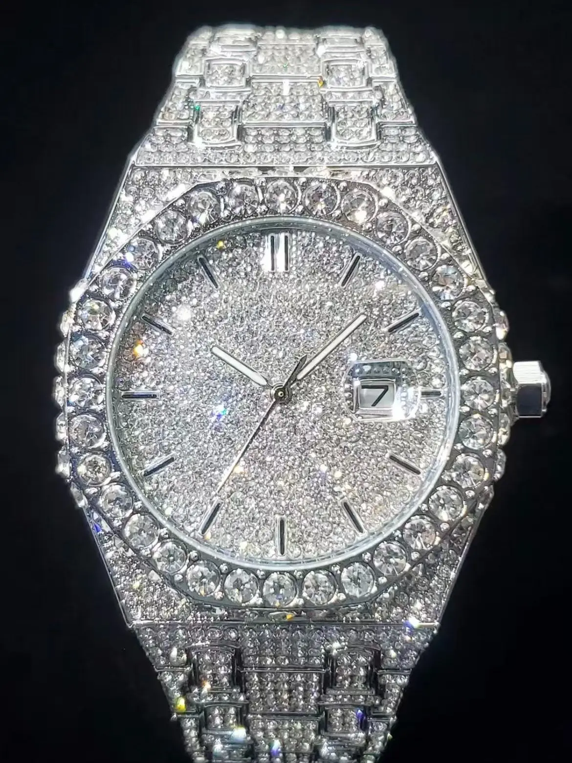 Luxury Iced-Out Octagonal Diamond Date Watch