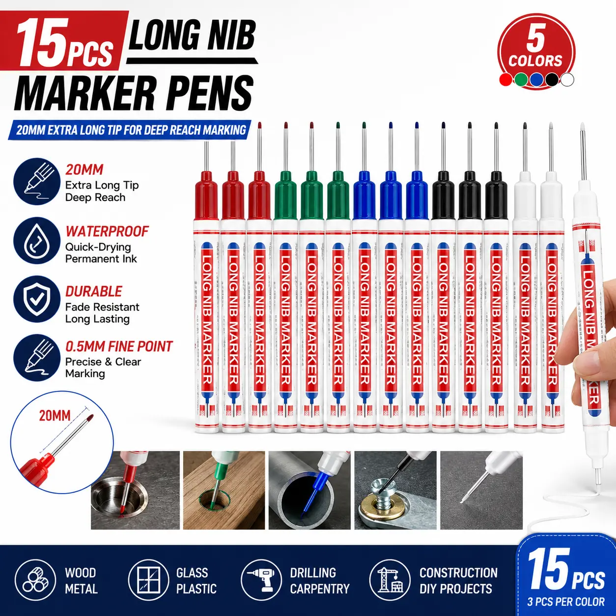 15PCS Long Nib Permanent Marker Pens - 20mm Fine Point Deep Reach, Waterproof Paint Pens with Smooth Grip for Wood, Metal, Office Stationery & Construction Supplies, Abs Body