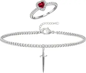 Bracelet set heart shaped ring sword couple gold and silver matching ring and bracelet set sword chain bracelet ruby