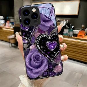 Gorgeous Purple Element Diamond Heart Pattern Tempered Glass Phone Case, Suitable for iPhone 17 Air/16 Plus/15 Pro Max/14 Pro/13/12/11/XS Max/X Phone Case, Perfect Gift for Thanksgiving Day for Family, Friends, Lovers, Boyfriend, Girlfriend