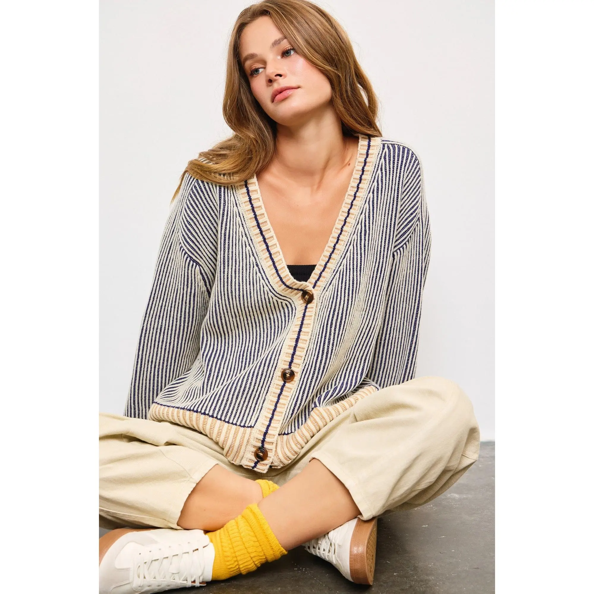 Picnic Striped Button Down Cardigan - Navy/Beige