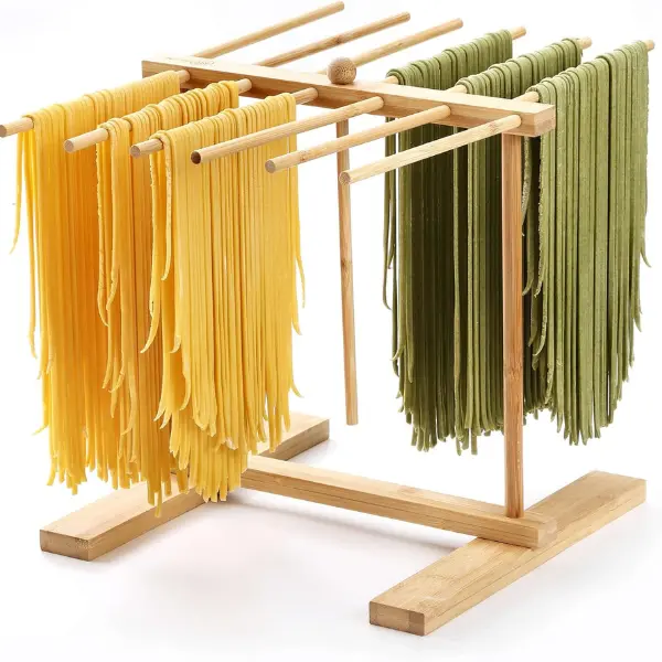 Natural Bamboo Wood Pasta Drying Rack Foldable Sturdy Noodle Dryer Stand Reusable Kitchen Utensil for Homemade Spaghetti, Fettuccine, Linguine