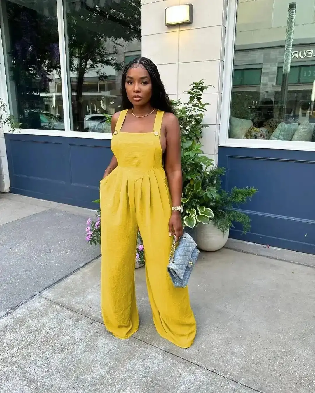 Women's Wide Leg Cami Jumpsuit with Pocket High Waist Casual Style Comfortable Summer Outfit Black Basic Color Romper